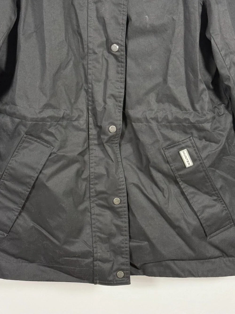 Hunter Black Water Resistant Jacket Rain Coat Size Small Full Zip Snap Closure